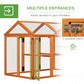 Orange wooden chicken run with multiple entrance doors and wire mesh enclosure