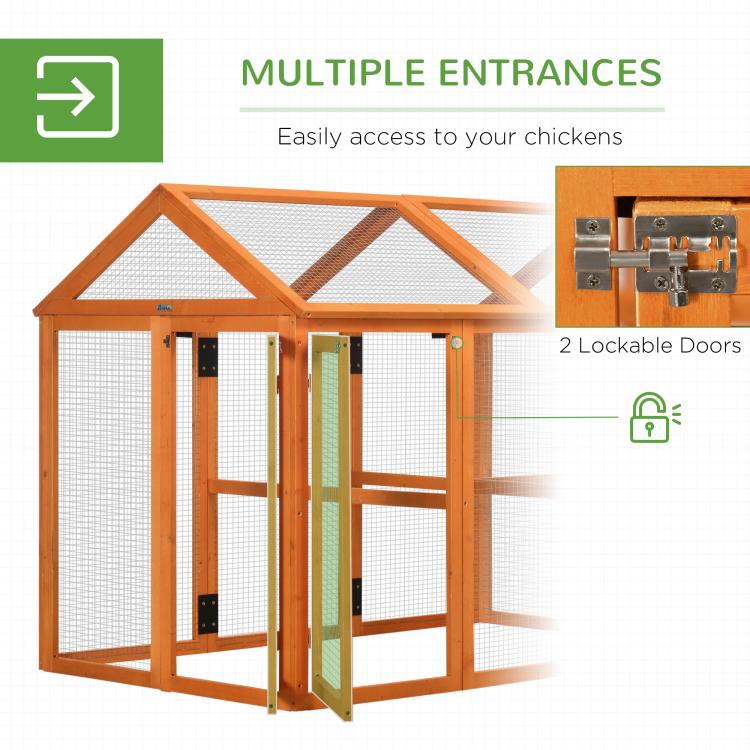 Orange wooden chicken run with multiple entrance doors and wire mesh enclosure