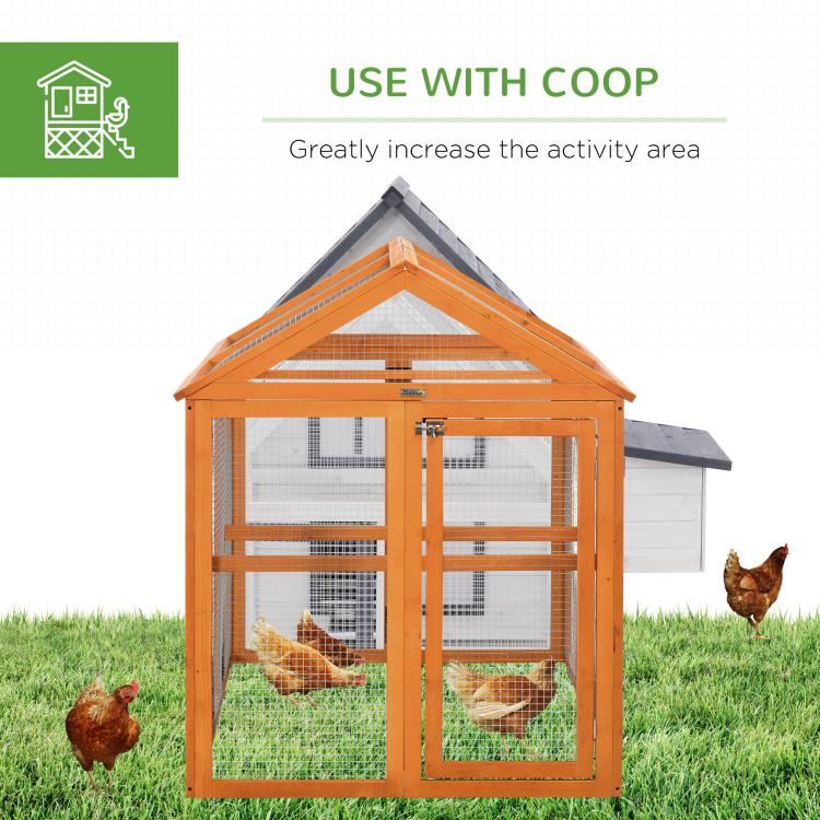 Orange wooden chicken run for coop use, wire mesh enclosure with door openings