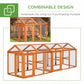 Orange wooden chicken run combinable into a longer multi-section enclosure with mesh