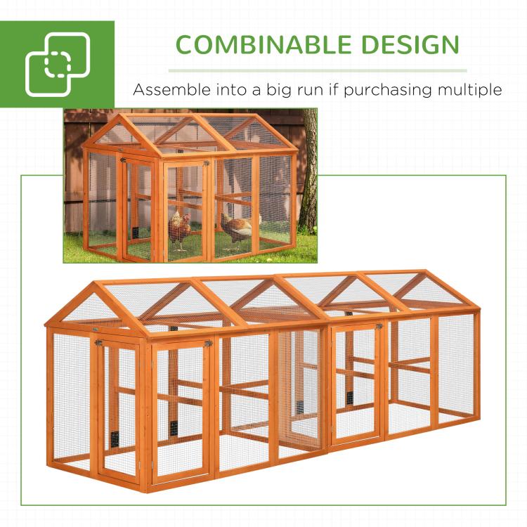 Orange wooden chicken run combinable into a longer multi-section enclosure with mesh