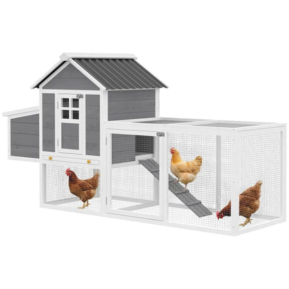 White and dark gray wooden chicken coop with wire run, nesting area, and sliding tray