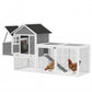 White and dark gray chicken coop with wire enclosure, side door, and sloped ramp