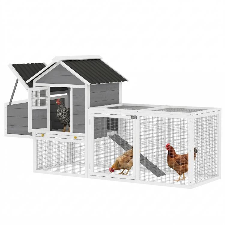 White and dark gray chicken coop with wire enclosure, side door, and sloped ramp