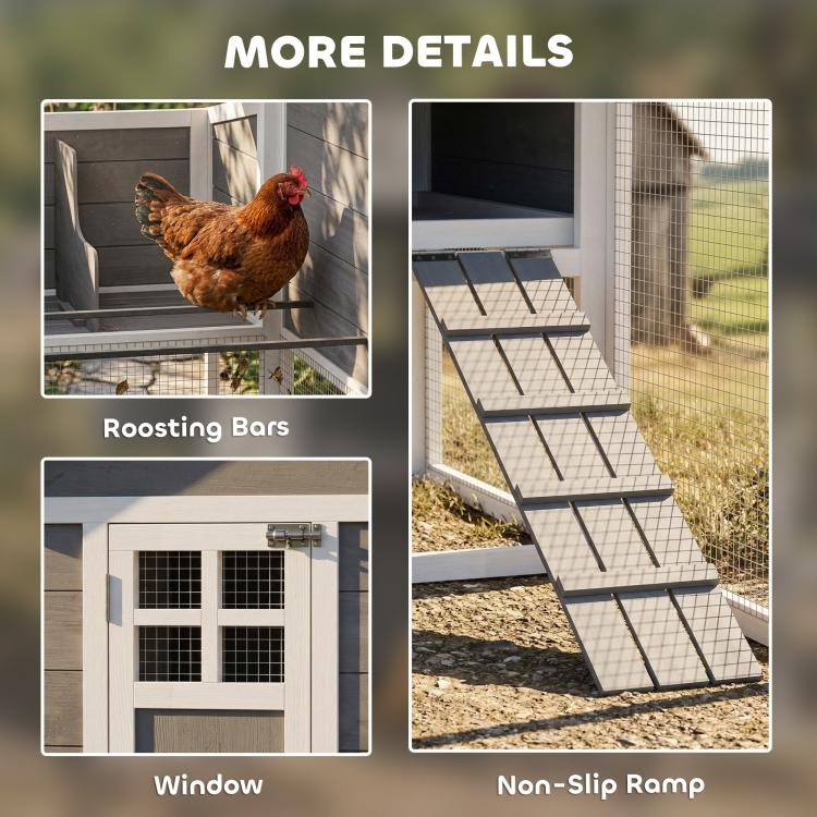 Large outdoor chicken coop with wire mesh, nesting box door, and non-slip ramp
