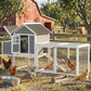 Outdoor wooden chicken coop with wire run and ramp, shown with chickens nearby