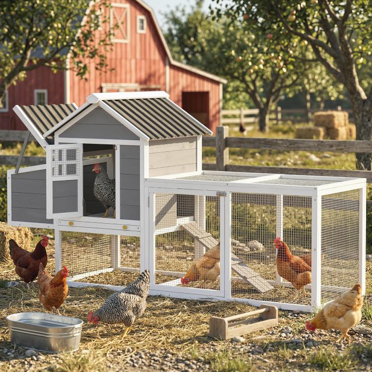 Outdoor wooden chicken coop with wire run and ramp, shown with chickens nearby