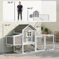 Wooden chicken coop with two-level design, wire run, and nesting door, size diagram