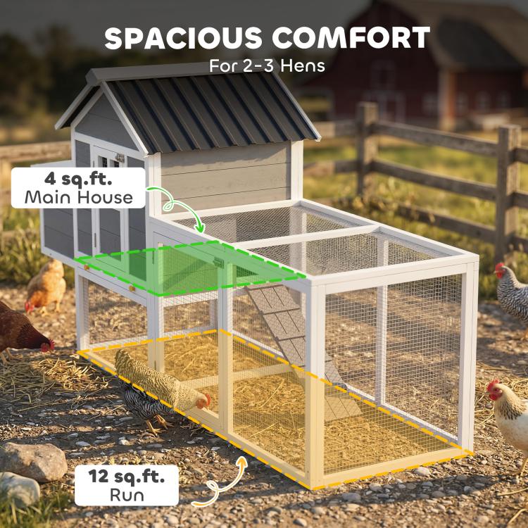 Wooden chicken coop with main house and enclosed run, with green layout lines