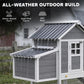 Wooden chicken coop with striped metal roof and vented door, rain-splash view