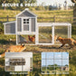 Chicken coop with wire mesh run and secure door, with latches detail inset