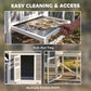 Chicken coop with pull-out tray and multiple access doors for easy cleaning