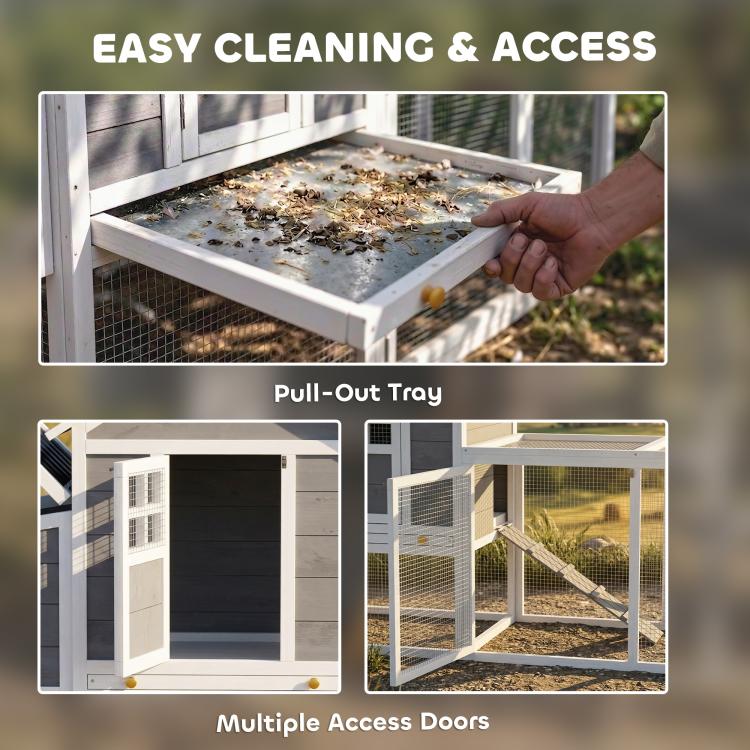 Chicken coop with pull-out tray and multiple access doors for easy cleaning