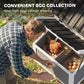 Person collecting eggs from the hinged nesting box of a wooden chicken coop