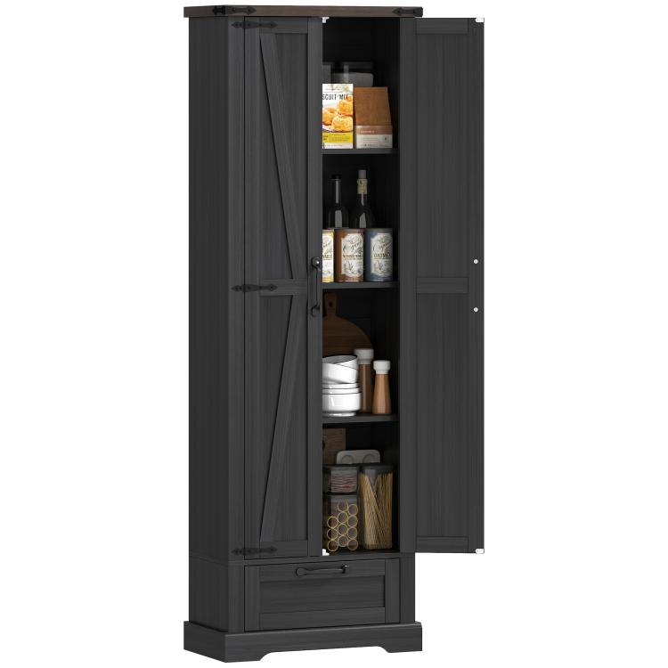 Black pantry cabinet with barn doors open, interior shelves and lower drawer visible