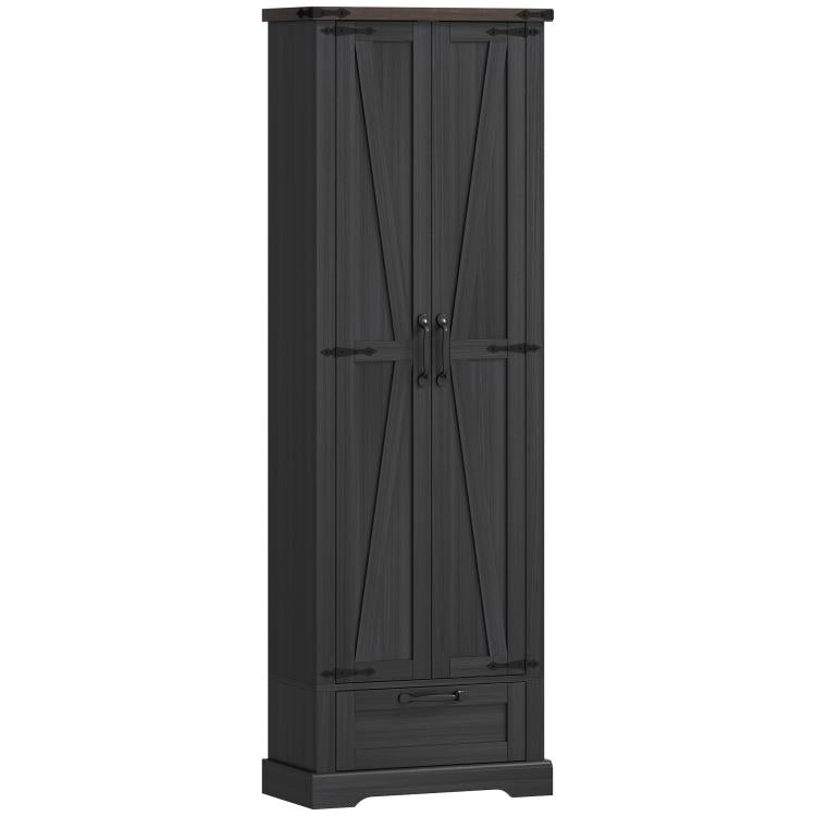 Black pantry cabinet with barn doors closed and double metal knobs, front view