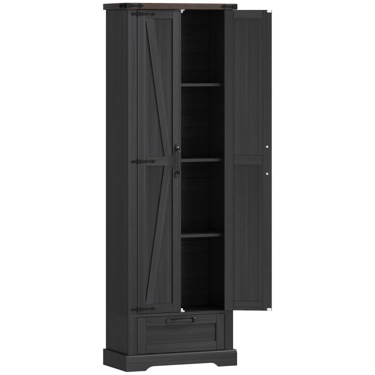 Kitchen pantry cabinet with barn doors, open shelving, and lower drawer in dark