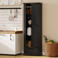 Black pantry cabinet with barn doors open, interior storage compartments and pull drawer