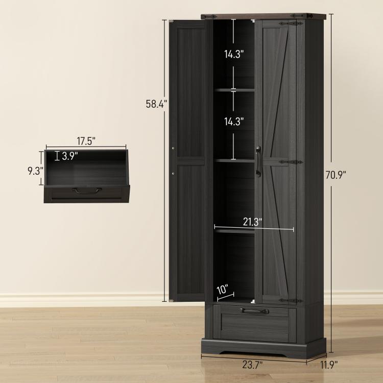 Black pantry cabinet with door open, interior shelves with size measurement lines