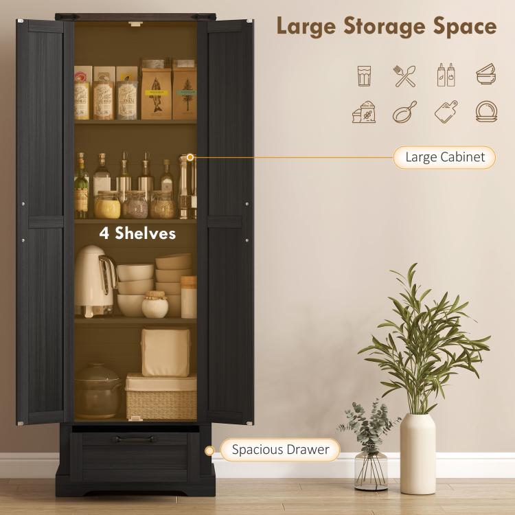Black pantry cabinet with barn doors open, four shelves and spacious interior