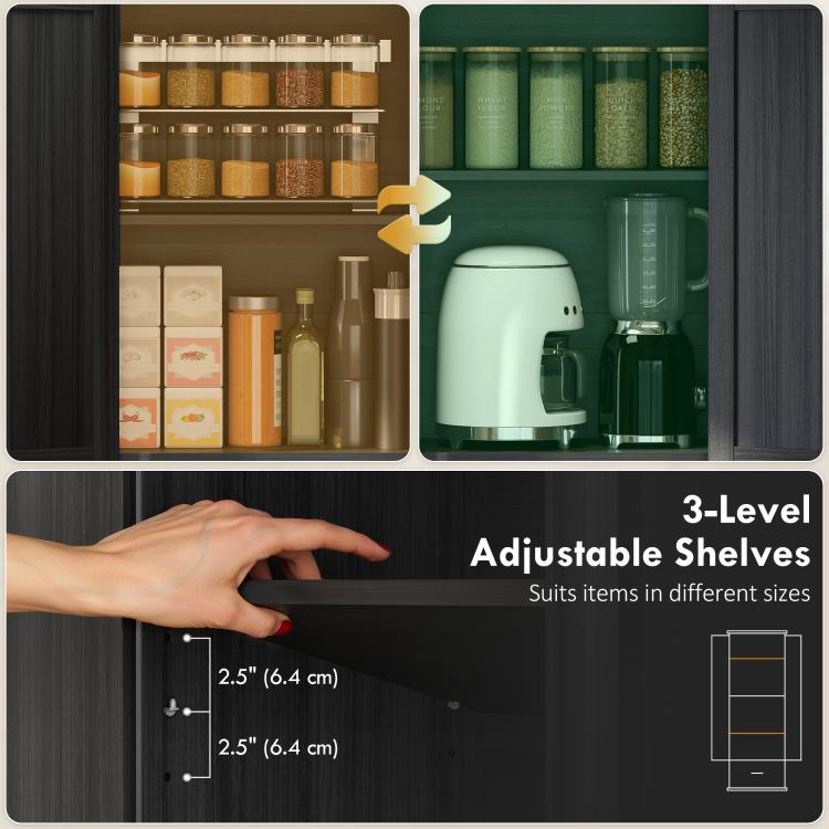 Black pantry cabinet interior showing adjustable shelving levels behind barn doors