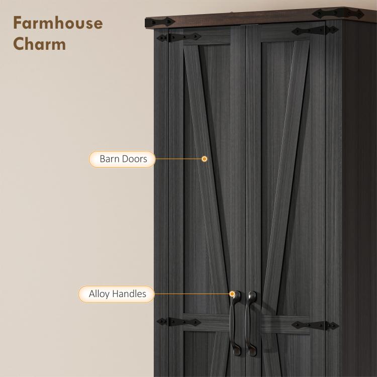 Black pantry cabinet barn doors with alloy handles and decorative hinge details