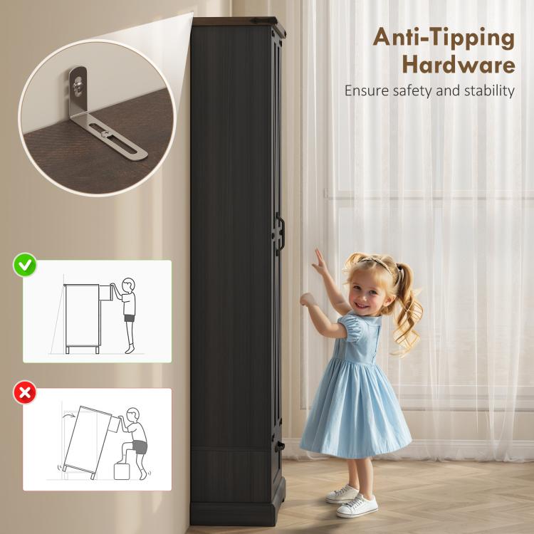 Black pantry cabinet with anti-tipping hardware bracket on the side panel