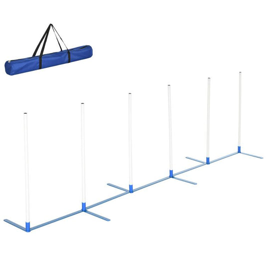 Dog agility weave pole set with blue bases, white poles, and blue carrying bag
