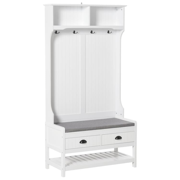 White entryway hall tree with padded bench seat, shoe shelf, and coat hooks