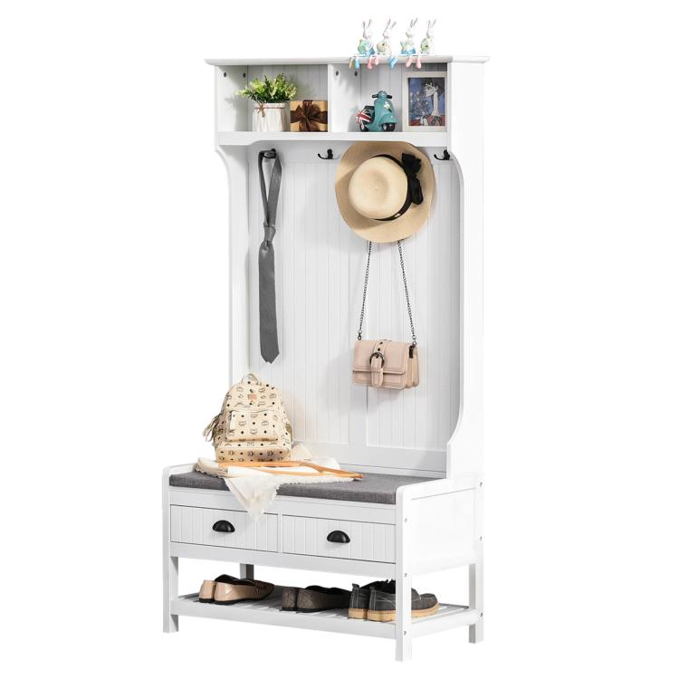 White hall tree bench with coat rack, padded seat, two drawers, and shoe storage