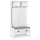 White hall tree entryway bench with coat hooks, gray cushion, two drawers and shoe rack