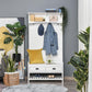 White hall tree with coat hooks, padded seat, two drawers, and lower shoe shelf