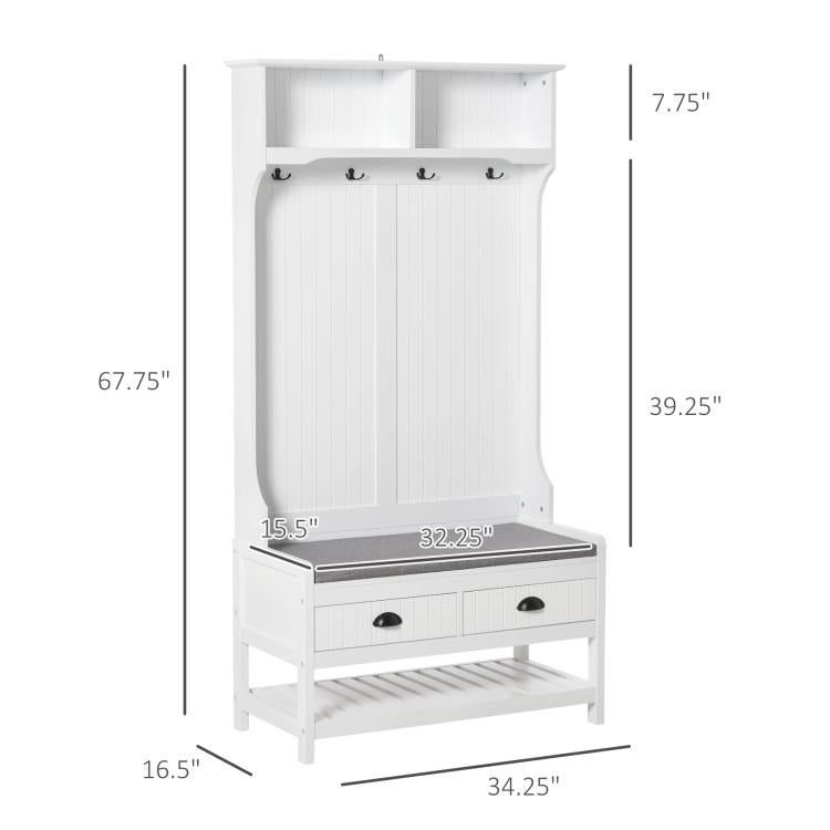 White hall tree bench unit with top shelves, coat hooks, padded seat, and two drawers