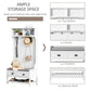 White hall tree organizer with top shelves, four hooks, two drawers, and bottom shoe shelf