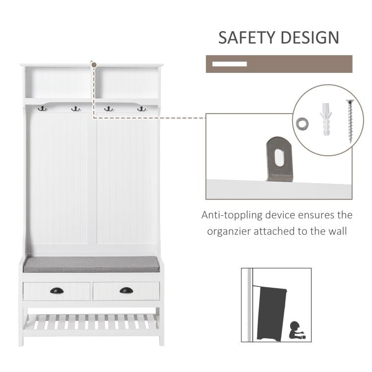 White hall tree with coat hooks and padded seat, showing anti-tip wall safety device
