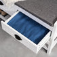 White hall tree bench drawer open, showing deep storage space under the padded seat