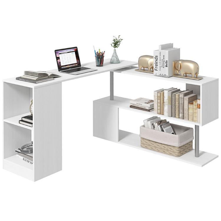 White L-shaped computer desk with 3-tier storage shelves and open book cubbies