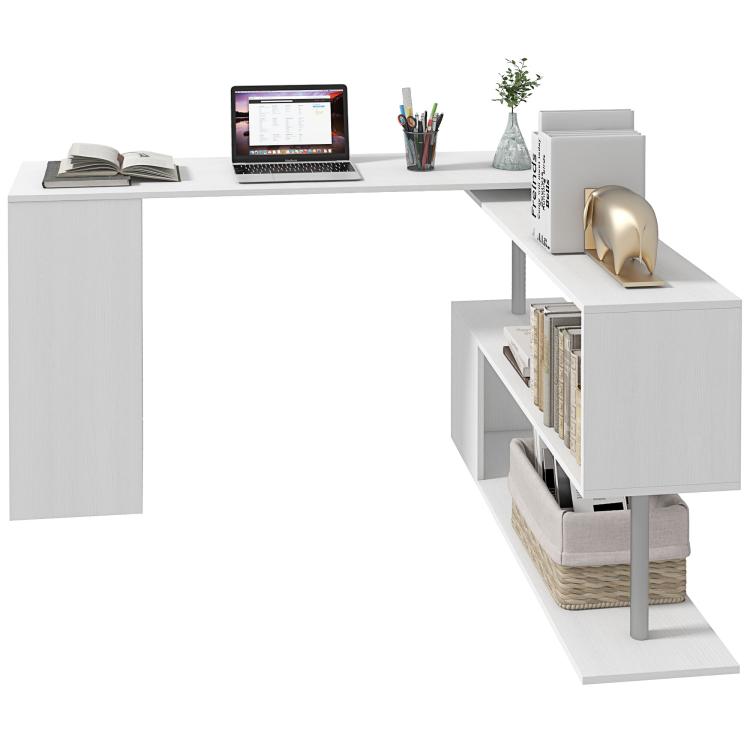 White L-shaped corner computer desk with side shelves and open cubbies for storage