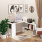 White L-shaped workstation desk with built-in shelving and drawers in home office