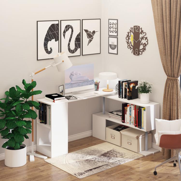 White L-shaped workstation desk with built-in shelving and drawers in home office