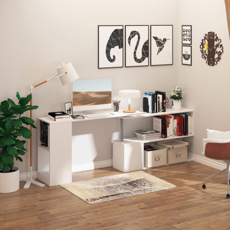 White corner computer desk setup with shelves, drawers, and keyboard/work surface
