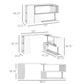 White L-shaped desk dimensions diagram with shelves and central table frame
