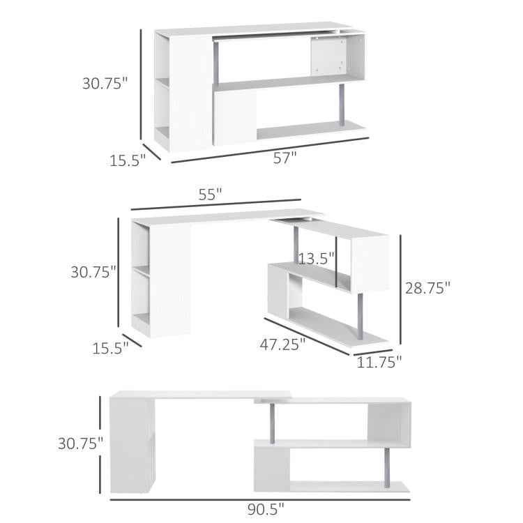 White L-shaped desk dimensions diagram with shelves and central table frame