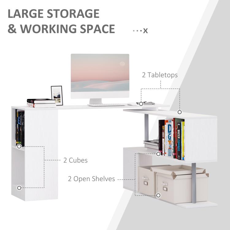 White corner desk storage diagram with cubes, open shelves, and 2 tabletops