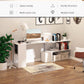 White L-shaped workstation desk in home office with side shelving and drawers