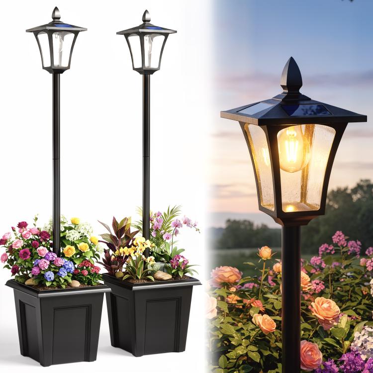 Set of two black solar post lights with lantern heads and rectangular planter bases