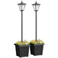 Two black solar lantern-style post lights with planter boxes and warm glowing bulbs
