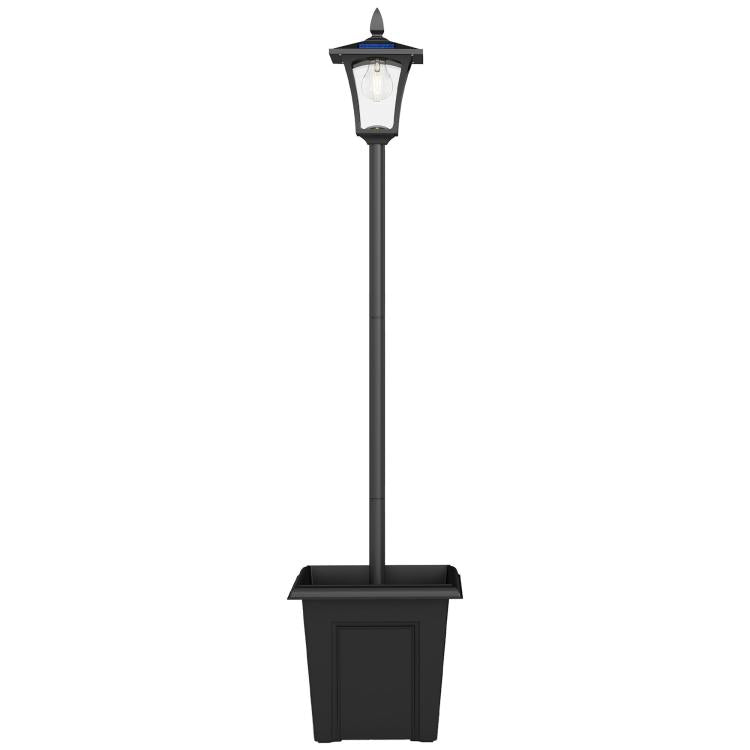 Black solar lamp post light with lantern head and square planter base