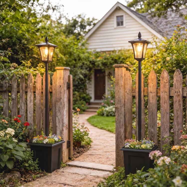 Pair of tall black solar lantern post lights beside flower planter boxes in a garden