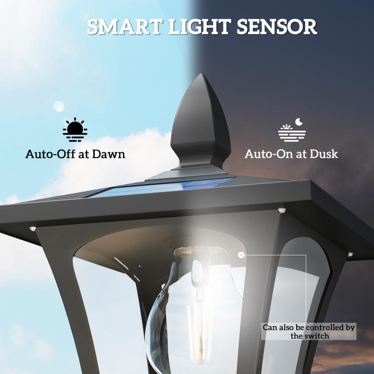 Solar lantern post light with clear housing and warm white LED inside
